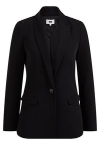 Svart kavaj med slag, enkel knappstängning, två framfickor och en slät textur. Klassisk skräddarsydd design.