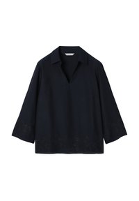 Blouse bleu marine avec un col en V et des manches courtes, ornée de broderies détaillées le long de l'ourlet. Confectionnée dans un tissu lisse avec un léger éclat.