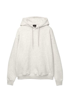Hanorac gri deschis fabricat dintr-un material moale. Are un buzunar frontal, glugă cu șnur și mansete și tiv cu chenar. Design casual, supradimensionat.