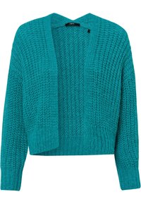 Türkiser gestrickter Cardigan mit offenem Frontbereich, langen Ärmeln, lockerer Passform und einem strukturierten Muster sowie Rippbündchen am Saum.