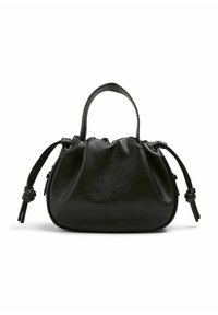 Černá kožená kabelka s texturovaným povrchem, zaobleným tvarem, staženým vrškem a dvěma krátkými uchy. Na každé straně má vázané akcenty.