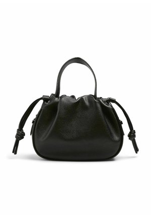 Schwarze Lederhandtasche mit strukturierter Oberfläche, runder Form, gerafftem oberen Teil und zwei kurzen Griffen. Verfügt über gebundene Akzente an jeder Seite.