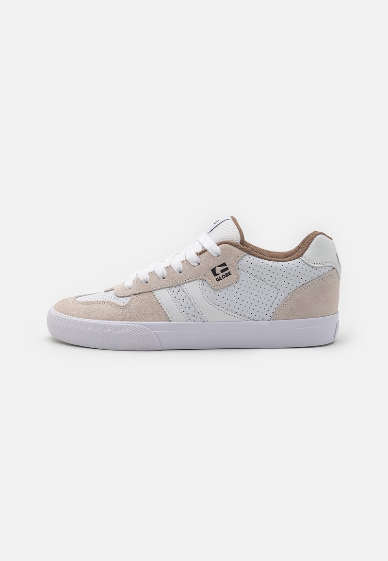 Low-top sneakers in white and tan, featuring suede and perforated material, with white laces and a white rubber sole. Accented with logo detail.