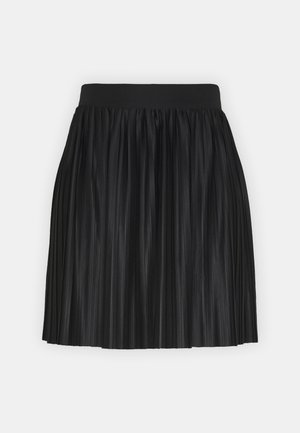 Black pleated skirt with a wide elastic waistband. Made from a shiny, lightweight material featuring vertical folds for texture and movement.