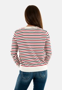 Pull rayé avec des rayures horizontales rouges, bleu marine et blanches ; poignets et ourlet côtelés ; tissu doux ; design à col rond ; vue de dos.