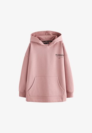 Sweat à capuche rose avec poche avant, texte "ALLSAINTS" et caractères japonais sur la poitrine, manches longues et poignets côtelés.