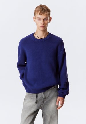 Ung man som bär en kobaltblå tröja, grå jeans, ett svart halsband och en ring, står framför en vanlig vit bakgrund.