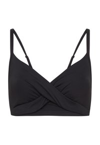 Zwarte bralette met een kruisvormig ontwerp aan de voorkant, dunne verstelbare bandjes en een zachte textuur. Gemaakt van rekbaar materiaal voor comfortabel dragen.