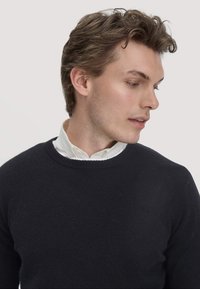 Dunkelblauer Pullover mit geripptem Rundhalsausschnitt, getragen über einem weißen Hemd mit Kragen. Glatte Textur, figürliches Design, minimalistischer Stil.