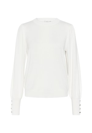 Baltas ilgomis rankovėmis megztinis iš minkštos medžiagos, su apvaliu kaklu ir pūstomis rankovėmis su mygtukų akcentais ant rankogalių.