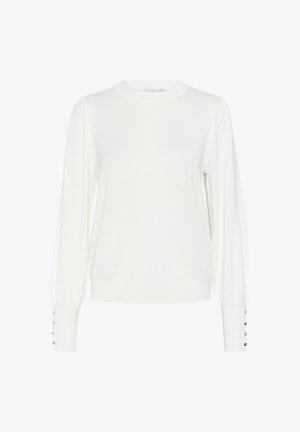 Fehér, hosszú ujjú pulóver puha anyagból, kerek nyakkivágással és gombdíszítéssel ellátott puffos ujjakkal.