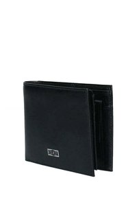 Zwart leren portemonnee met een gladde textuur, bi-fold ontwerp, zilveren logo, meerdere kaartsleuven en een vak voor cash.