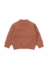 Pleteni pulover v terakotni barvi, z visokim ovratnikom, rukavi v raglan slogu in teksturiranimi detajli s kroglicami po celotni površini. Rebrasti manšeti in rob.