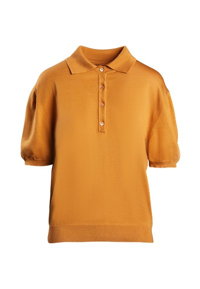 Oranžový pletený polo tričko s texturovaným povrchem, límečkem a krátkými puff rukávy, se čtyřmi knoflíky vpředu.