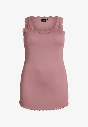 Roze mouwloos geribd tanktop met scalloped kanten rand aan de halslijn, armsgaten en zoom. Zachte, aansluitende stof met subtiele bloemenpatronen.