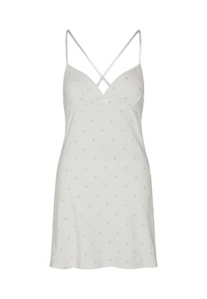 Weißes Slipkleid mit dünnen, gekreuzten Schulterriemen, kleinem Blumenmuster und einer Schleifendetail am Bust.