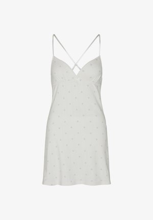 Weißes Slipkleid mit dünnen, gekreuzten Schulterriemen, kleinem Blumenmuster und einer Schleifendetail am Bust.