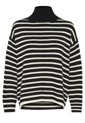 Pull à rayures noires et blanches avec un col montant, coupe ample, poignets côtelés et tissu en tricot texturé. Présente une conception à ourlet fendu.
