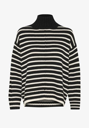 Black and white striped sweater with a high neck, loose fit, ribbed cuffs, and textured knit fabric. Features a split hem design.