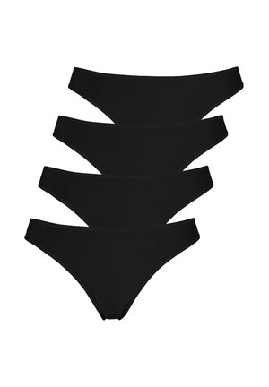 Vier zwarte bikini-onderbroeken voor vrouwen, verticaal gestapeld op een witte achtergrond.