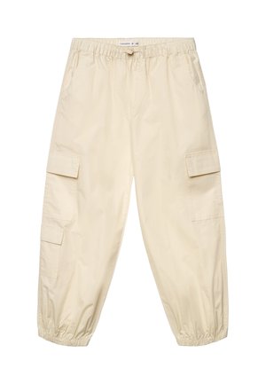 Pantaloni cargo beige con fascia elastica in vita e polsini, tasche laterali e tasche con patta su entrambe le gambe.