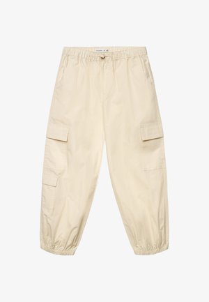 Pantaloni cargo beige con fascia elastica in vita e polsini, tasche laterali e tasche con patta su entrambe le gambe.