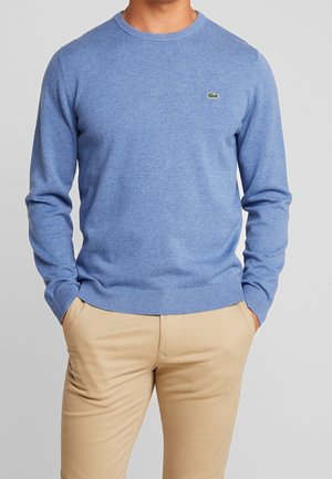 Pull bleu clair en tissu doux, avec un col rond et un ourlet côtelé. Comprend un petit logo vert sur la poitrine.