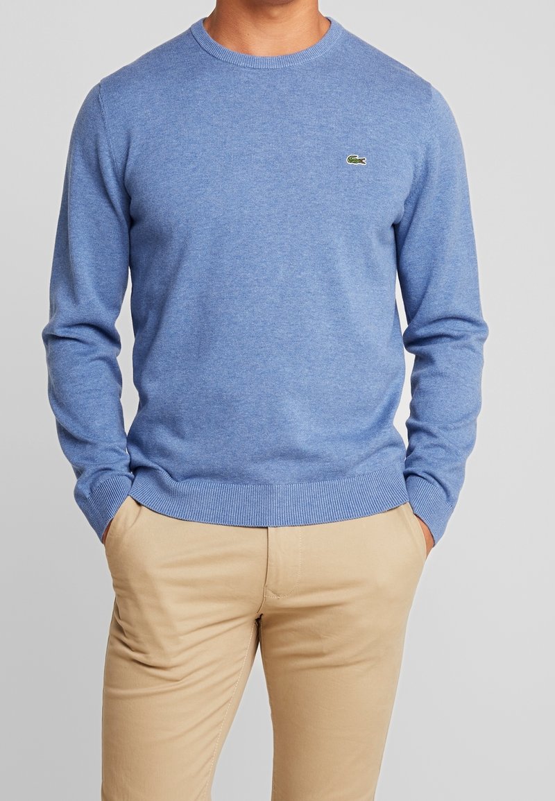 Pull bleu clair en tissu doux, avec un col rond et un ourlet côtelé. Comprend un petit logo vert sur la poitrine.