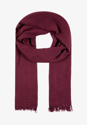 Bufanda de tela color granate con extremos desflecados, ligeramente anudada en un lazo suelto, mostrando una textura suave y un material ligero.