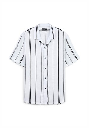 Camicia a maniche corte con bottone in lino bianco con righe verticali nere. Presenta un colletto a punte e sei bottoni neri sul davanti.