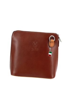 Brown leather pouch with a smooth texture, rectangular shape, embossed logo, silver hardware, and a keychain featuring the Italian flag.