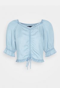 Blusa curta azul claro feita de denim. Apresenta mangas bufantes, bordas franzidas, cintura com cordão e detalhe franzido na parte da frente.