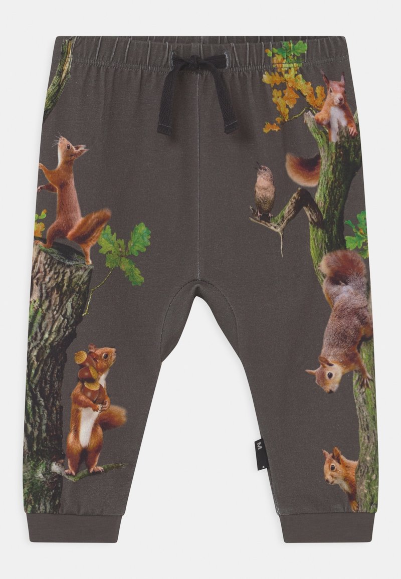 Pantalon gris foncé pour enfants avec des écureuils imprimés grimpant aux arbres et un oiseau perché sur une branche.