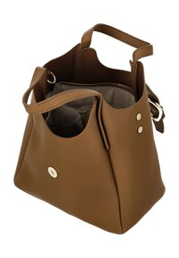 Bruine leren tote bag met twee handvatten, een ritsvak aan de binnenkant en hardware in goudkleur. Heeft een gladde textuur en zijvakken.