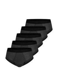 Fünf Paar Herrenunterhosen in Schwarz, aus einem strukturierten Stoff mit horizontalen Streifen und einem breiten elastischen Bund.