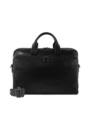 Malette en cuir noir avec poignées supérieures doubles, fermeture zippée et bandoulière réglable amovible. Texture lisse et design minimaliste.