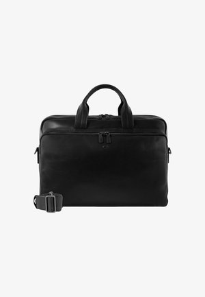 Briefcase in pelle nera con doppio manico superiore, chiusura con zip e tracolla rimovibile e regolabile. Texture liscia e design minimalista.