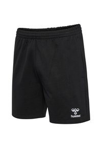 Pantalones cortos negros de mezcla de algodón con una cintura elástica. Presentan un logo bordado en blanco en el lado inferior izquierdo. Textura suave, corte recto.