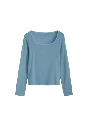 Maglietta a maniche lunghe di colore azzurro chiaro, realizzata in tessuto a coste con scollo quadrato e vestibilità ampia. Presenta cuciture discrete e una piccola etichetta sull'orlo.