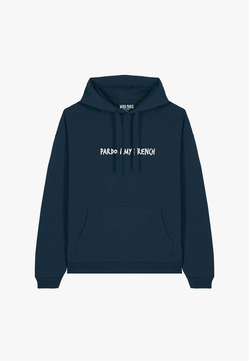 Hoodie bleu marine en coton avec une poche kangourou, une capuche à cordon et le texte blanc "PARDO I MY FRENCH" sur le devant.