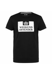 Black cotton t-shirt with short sleeves, featuring a white rectangular graphic with "WEEKEND OFFENDER" text and crown emblem.