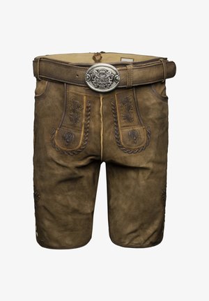 Shorts en cuir marron avec des motifs brodés et deux poches avant. Comprend une boucle en métal décorative sur une ceinture assortie. Texture lisse.