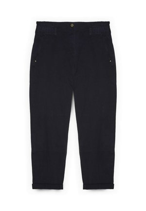 Zwarte mid-rise broek met omgeslagen zoom, voorzakken, riemlussen en een knoopsluiting.