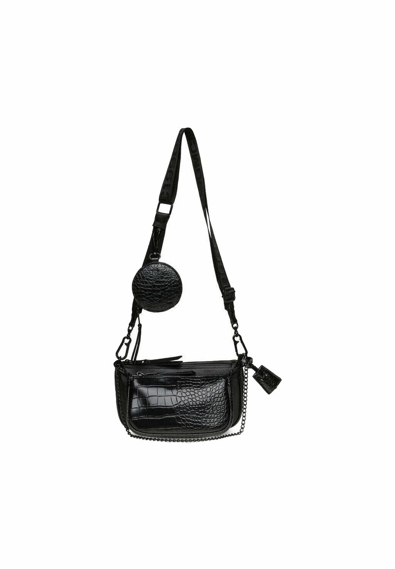 Schwarze Krokodil-prägete Lederhandtasche mit Kettendetail, abnehmbarem runden Beutel und verstellbarem Schultergurt. Rechteckige Form mit Reißverschluss.