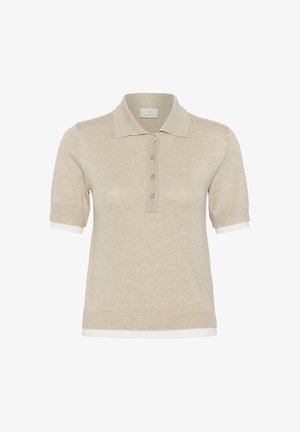 Beež lühikeste varrukatega kudum-polo särk, millel on krae, neli nuppu esikinnisel ja valge ääris varrukatel ning alläärmel.