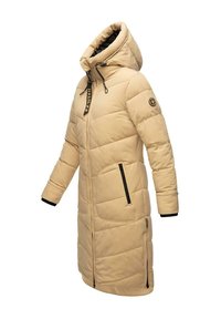 Beige puffermantel med huva, med dragkedja fram, två sidofickor, svarta accenter och en quiltad sömdesign.