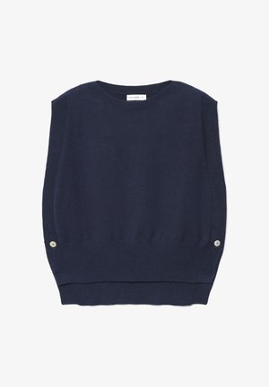Pull sans manches en maille bleu marine avec un col rond et de légères fentes latérales. Il comporte des boutons argentés au bas de l'ourlet.