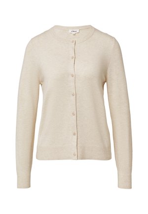 Beige Cardigan mit einem runden Ausschnitt, langen Ärmeln und Knöpfen auf der Vorderseite. Der Stoff hat eine glatte Textur, zeichnet sich durch ein einfaches Design ohne Muster aus.