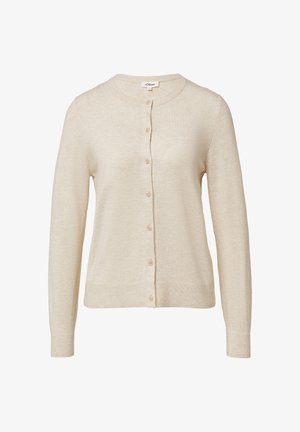 Beige Cardigan mit einem runden Ausschnitt, langen Ärmeln und Knöpfen auf der Vorderseite. Der Stoff hat eine glatte Textur, zeichnet sich durch ein einfaches Design ohne Muster aus.