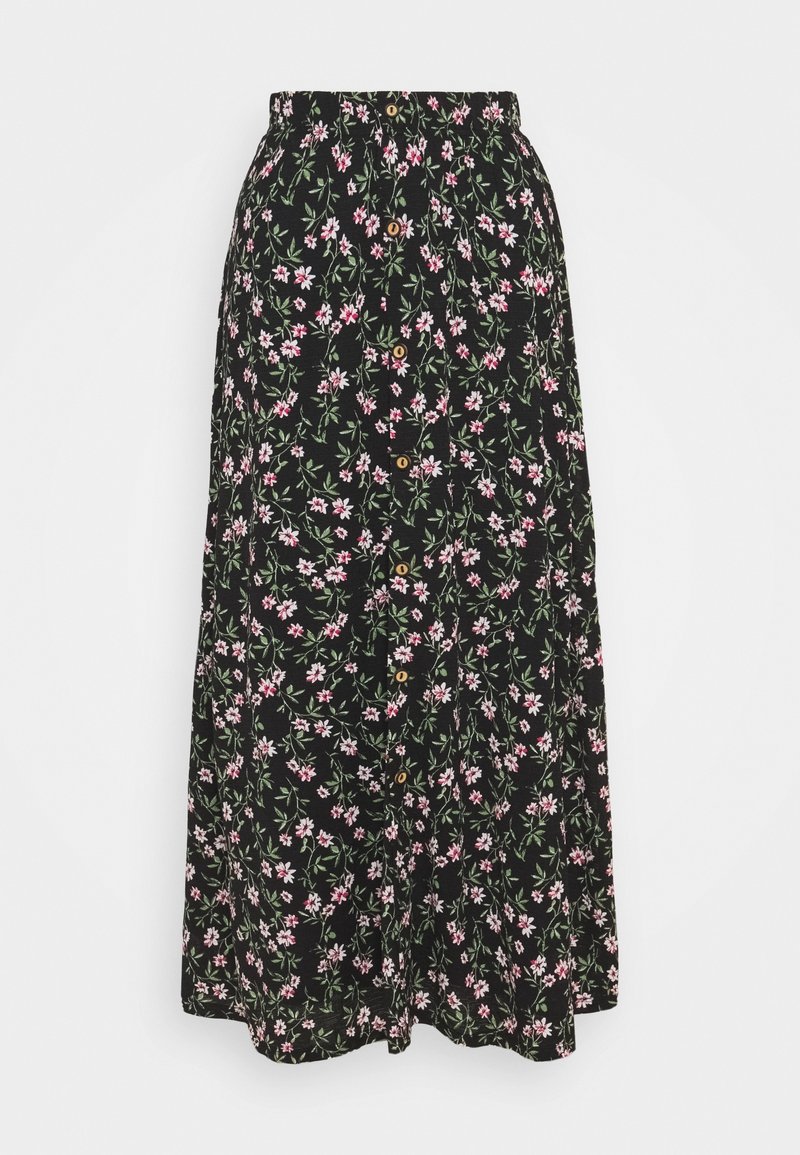 Jupe midi noire avec imprimé floral rose et blanc, avec des boutons à l'avant et une taille élastique.